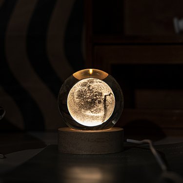 Crystal Moon Lamp — Glowing 3D Moon Night Light with Wooden Base